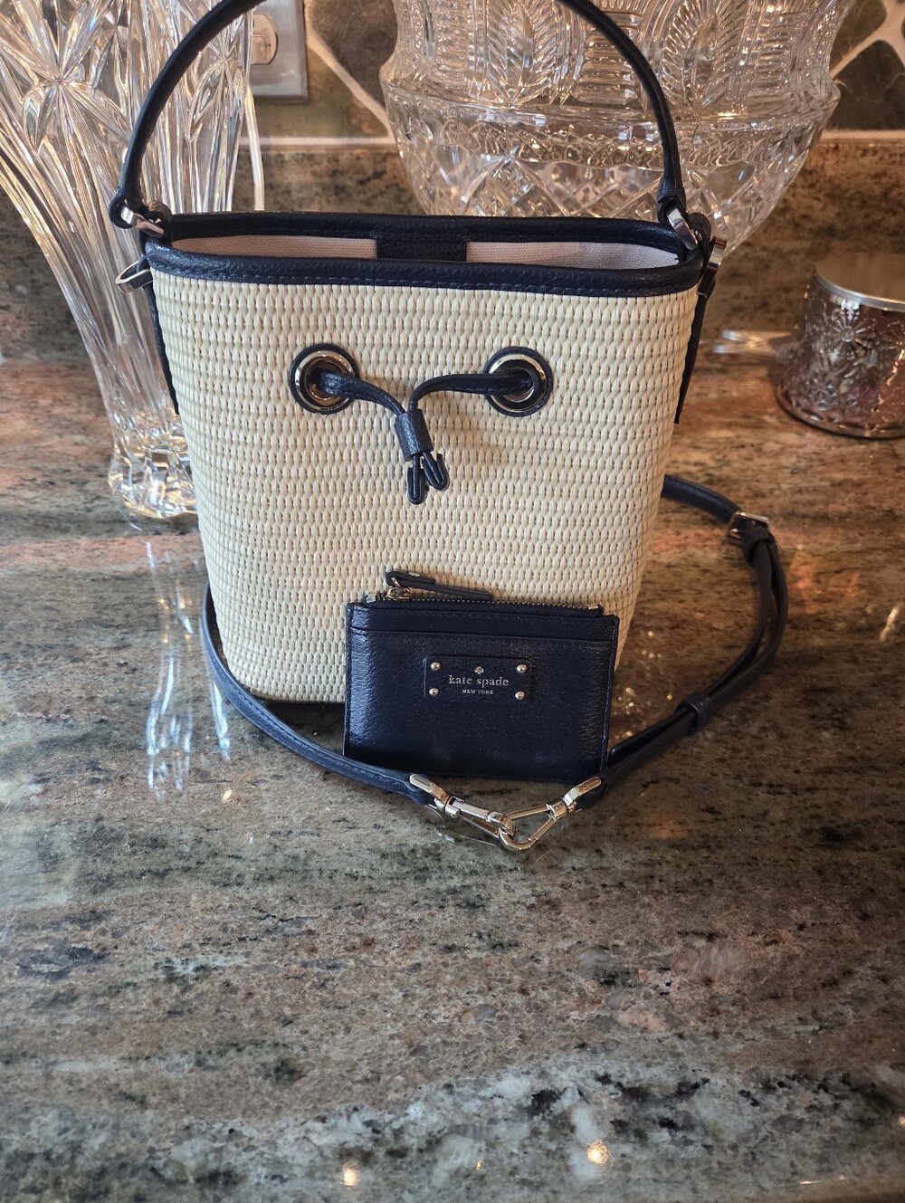 kate spade Navy and Natural Straw Bucket Bag with Navy Card Wallet - Picture 7 of 7